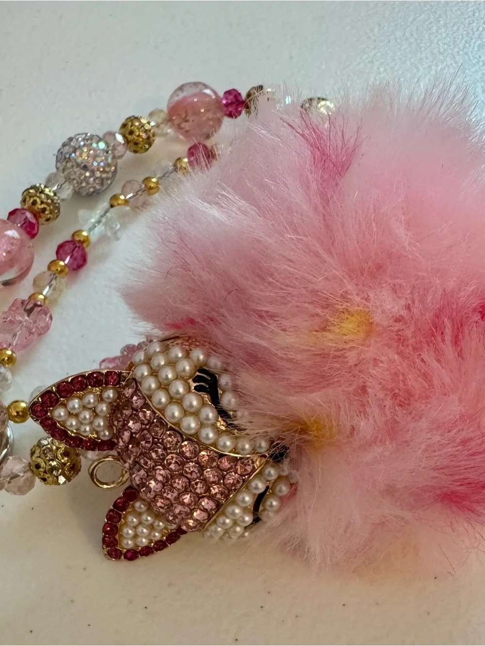 New Pink Pom-Pearl Fox  Phone Charm with Crystal Accents